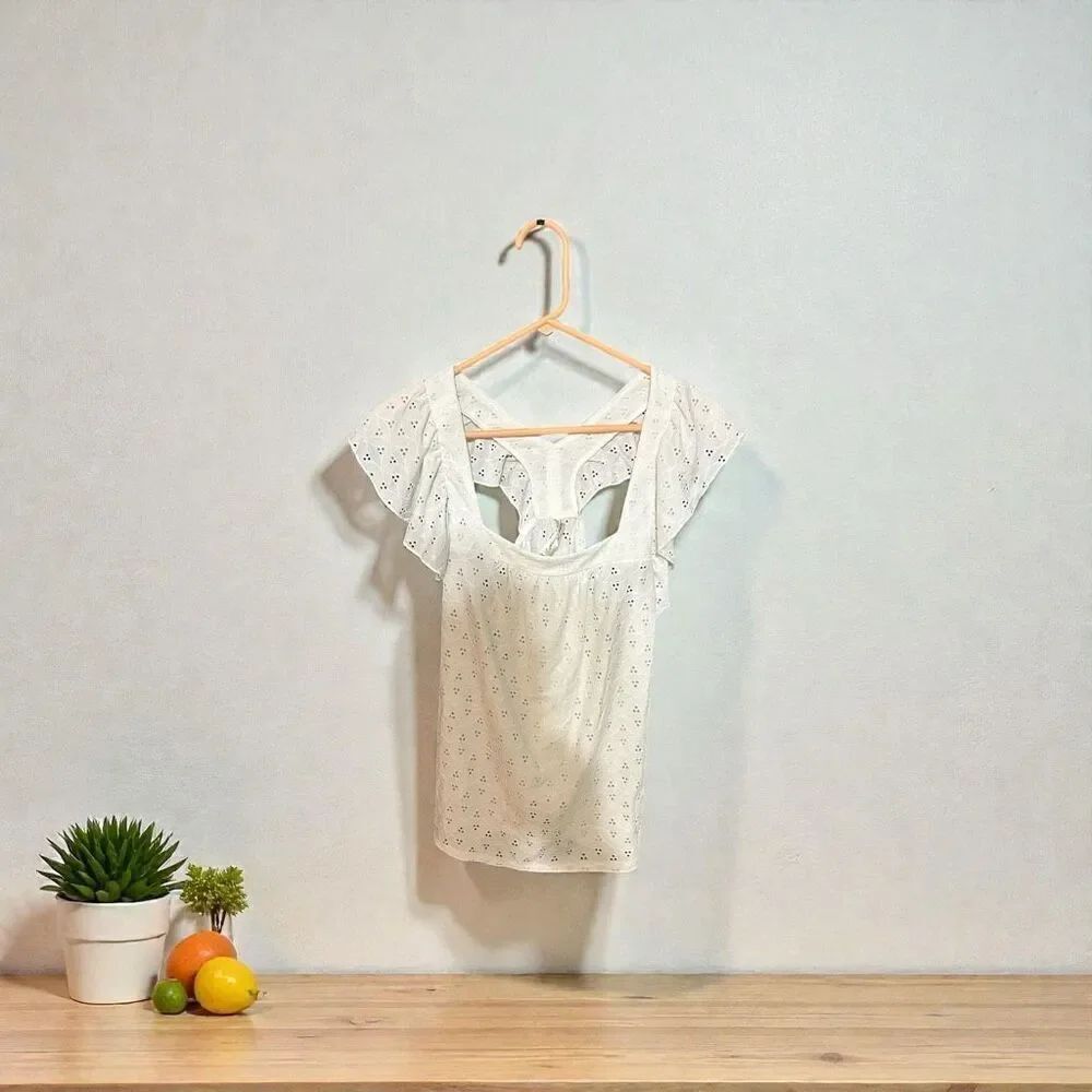 Perseption concept white, eyelet, ruffled sleeveless top
